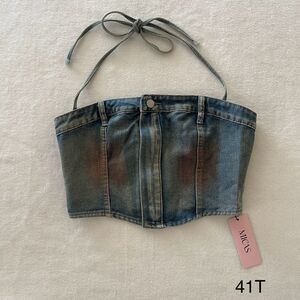 NWT Micas Rust Halter Denim Crop Top‎ Y2K Style Sz L Grunge Western